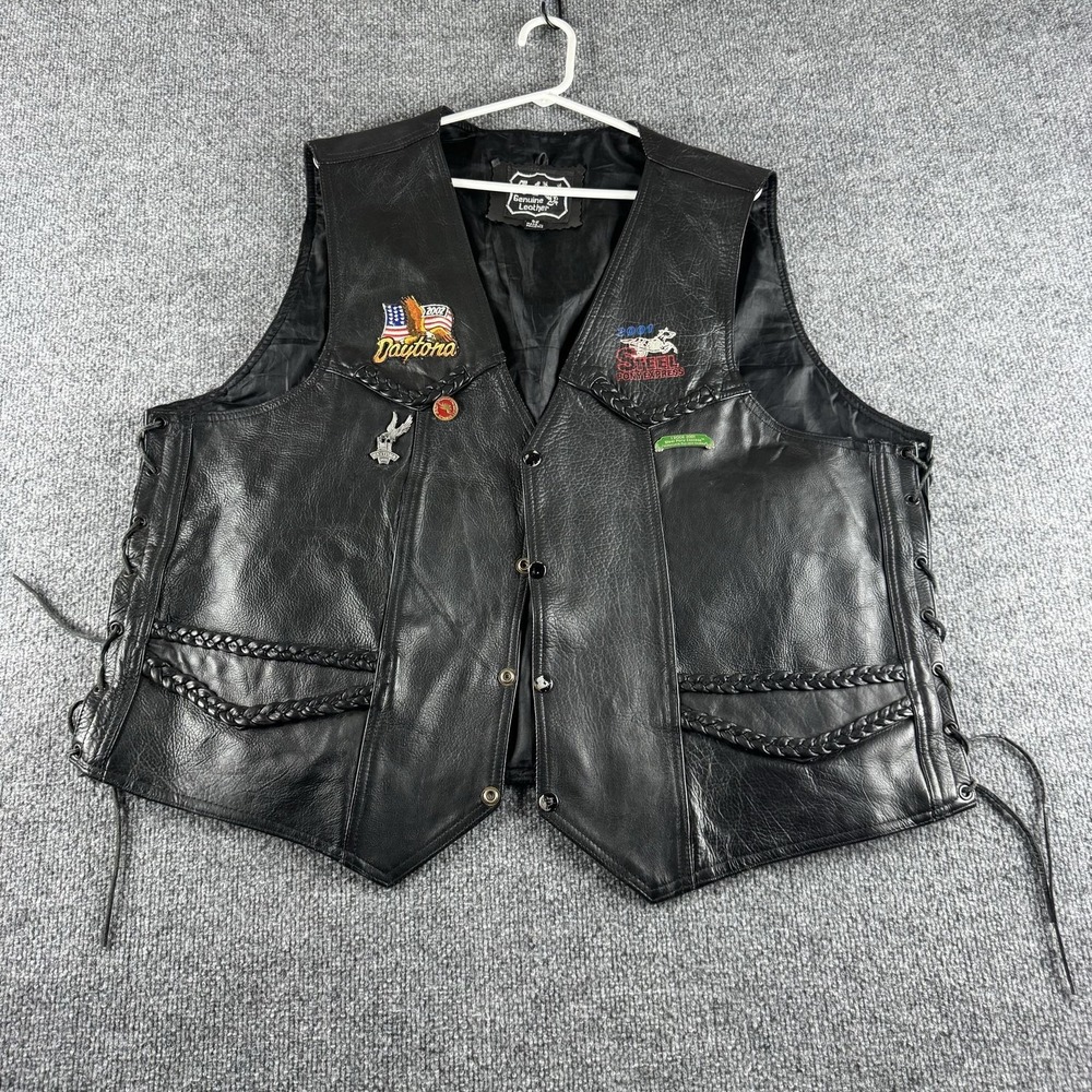 Vintage A-1 Vest Mens 52 Black Leather Biker Side Lace Daytona 2002 Patches